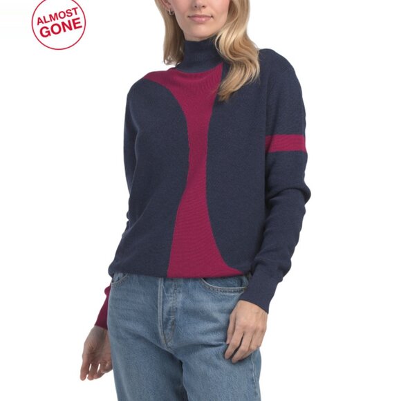EDINBURGH KNITS DARK NAVY Pima Cotton Geo Mock Neck Sweater - Picture 1 of 2